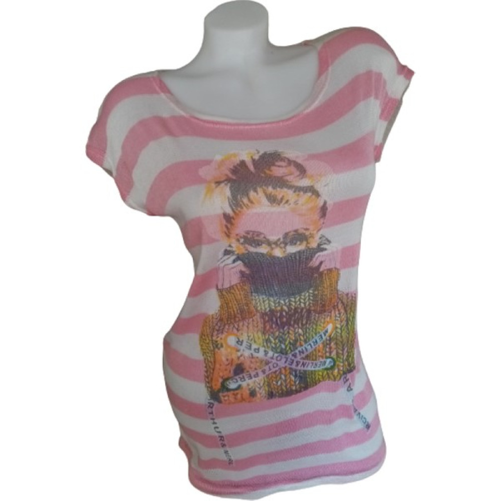 Butik 2020 BK Kadın Pembe Beyaz Çizgili Figürlü Tişört Bayan T-shirt Fiyatı