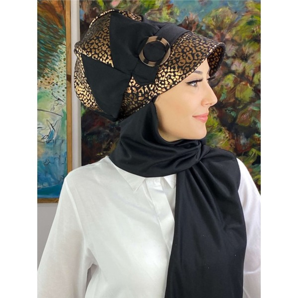 Butik Ambar Bakır Leopar Desenli Tokalı Siyah Şapka Şal Eşarp Fiyatı