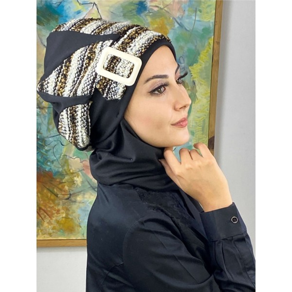 Butik Ambar Çizgili Haroşalı Siyah Tesettür Bere Eşarp Fiyatı