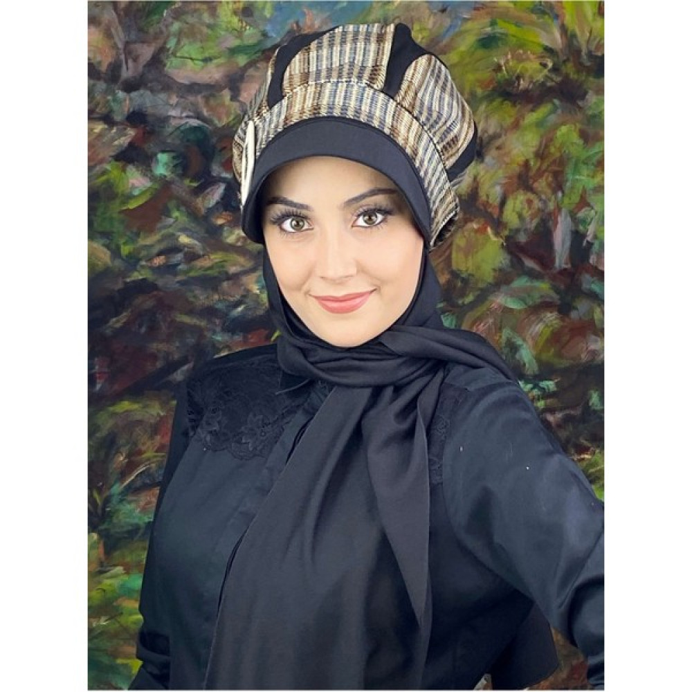Butik Ambar Damla Model Iri Ekoseli Siyah Tesettür Şapka Şal Eşarp Fiyatı