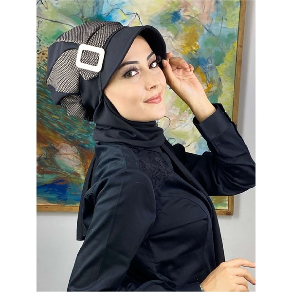 Butik Ambar Damla Model Küçük Ekoseli Siyah Tesettür Şapka Şal Eşarp Fiyatı