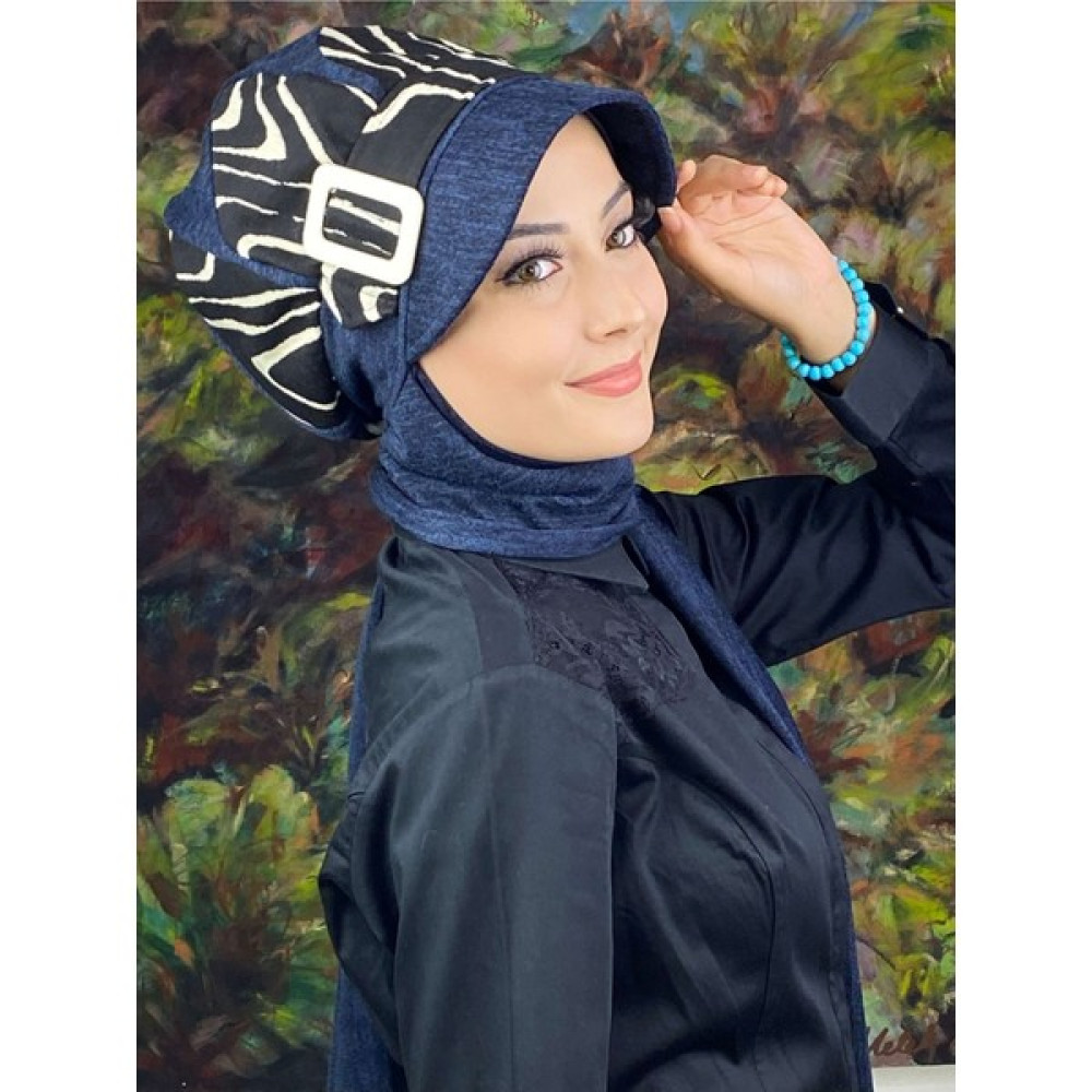 Butik Ambar Damla Model Zebra Desenli Lacivert Tesettür Şapka Şal Eşarp Fiyatı