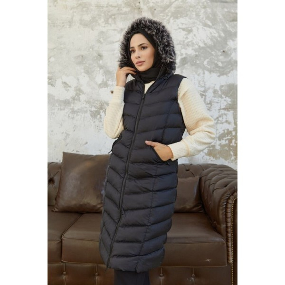 Butik Ayseba Kadın Siyah Kapüşonlu Kürklü Büyük Beden Battal Uzun Şişme Yelek Kadın Yelek Fiyatı