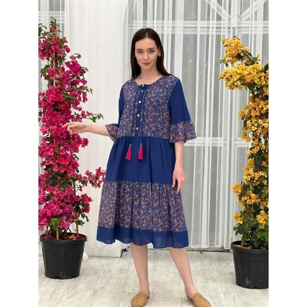 Butik Esra Kandemir Kadın Yazlık Pamuklu Otantik Elbise Saks Mavi - Butik Esra Kandemir 46413 Elbise Fiyatı