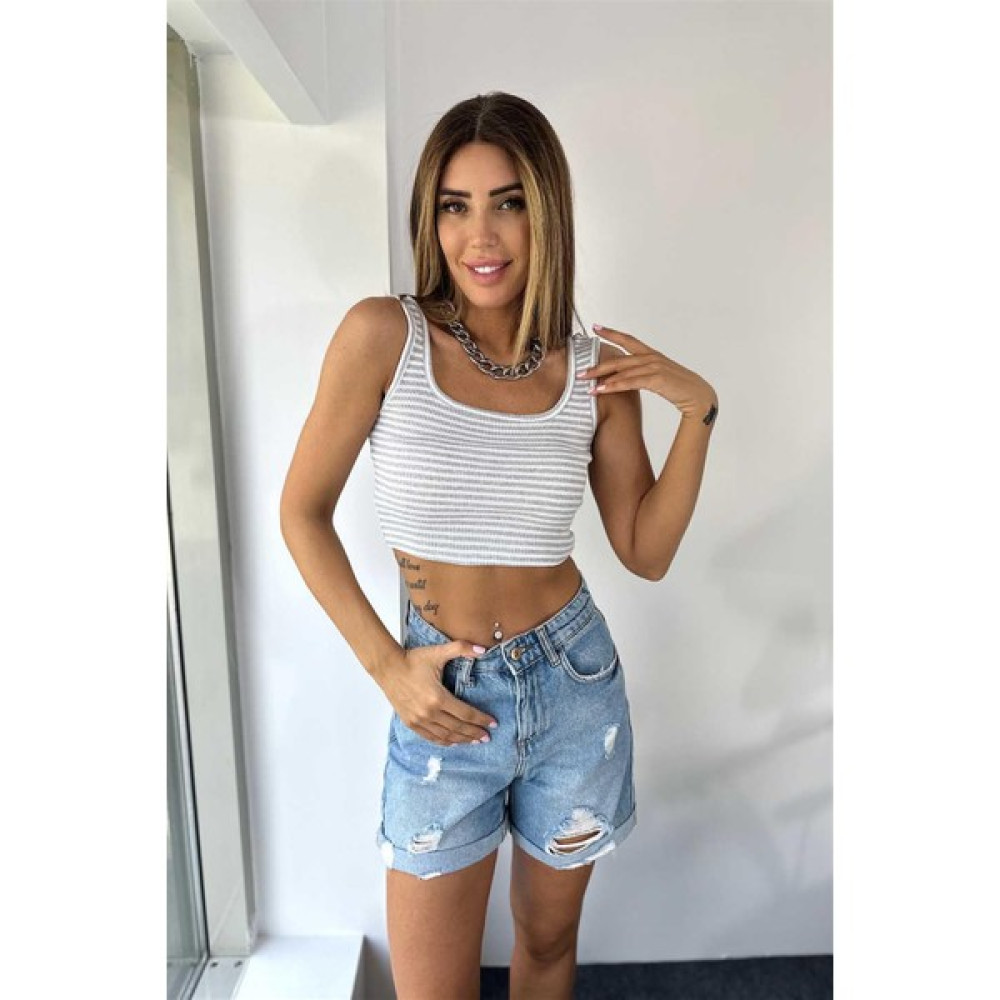Butik Gardrop Lüks Kalite Çizgi Detaylı Fitilli Triko Crop Gri Bluz Fiyatı
