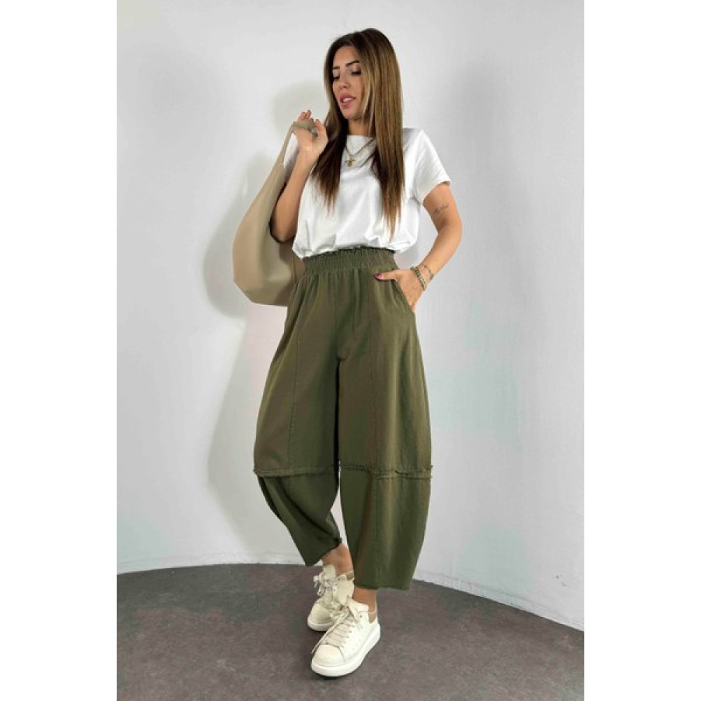 Butik Gardrop Pamuklu Gabardin Paçası Kesik Şalvar Pantolon Haki Kadın Pantolon Fiyatı