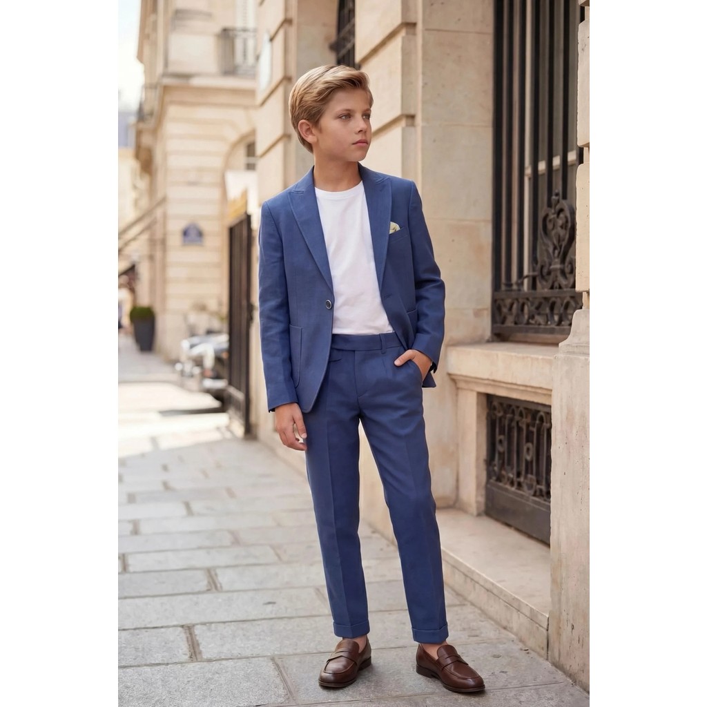 Butik Happy Kids Erkek Çocuk Indigo Keten Krep Takım Elbise Blazer Ceket Pantolon Pamuklu Tişörtlü Şık Kombin 8-14 Yaş Giyim & İç Giyim Fiyatı
