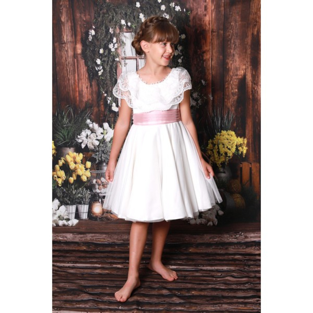 Butik Happy Kids Kız Çocuk Abiye Elbise Beyaz Kısa Kayık Yaka Yakası Güpürlü Beli Kuşaklı 6-16 Yaş Elbise Fiyatı