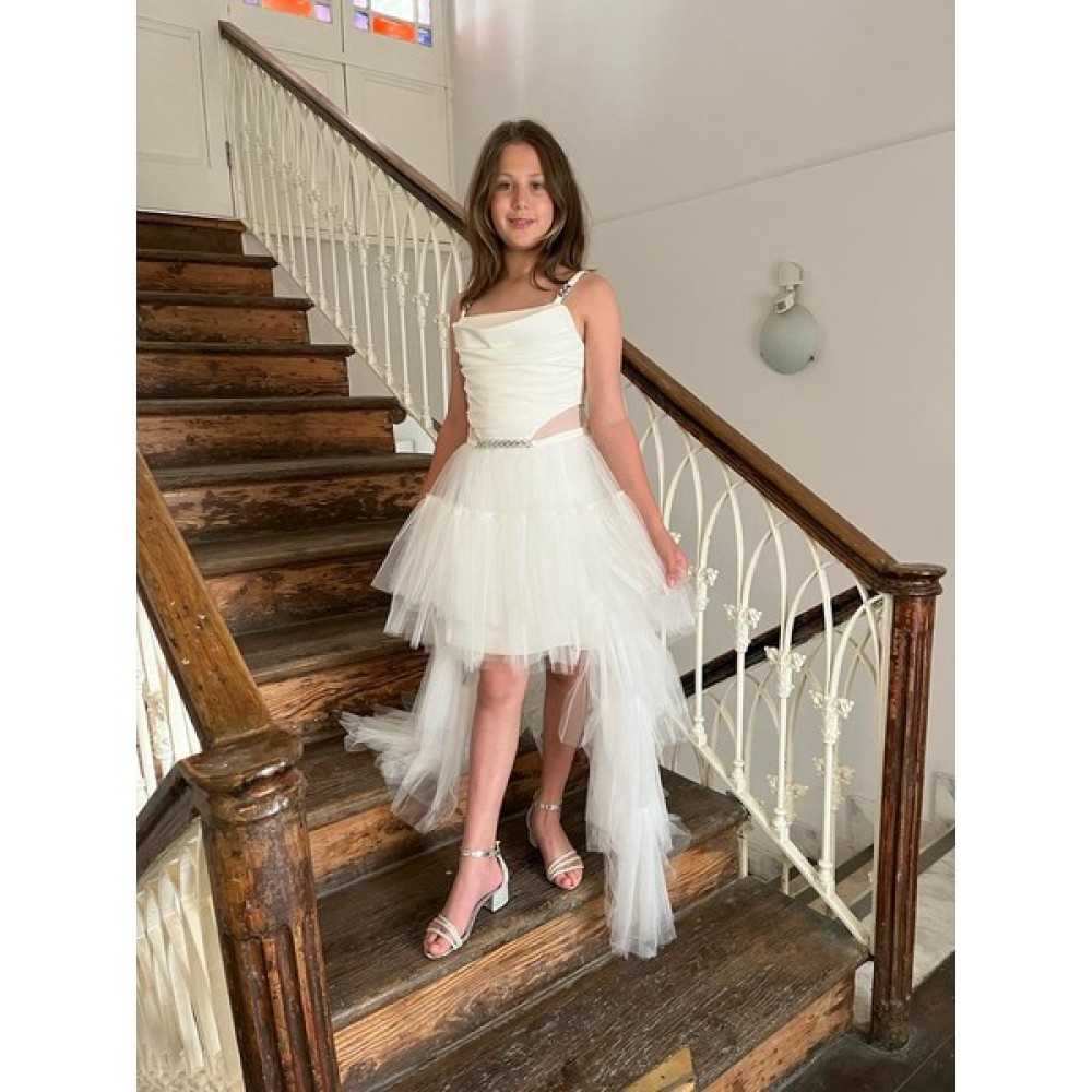 Butik Happy Kids Kız Çocuk Askılı Beyaz Zincir Detaylı Kat Etekli Kuyruklu Abiye Elbise 10-15 Yaş Elbise Fiyatı