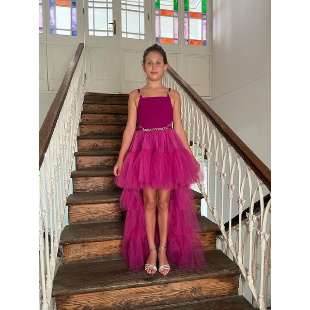 Butik Happy Kids Kız Çocuk Askılı Fuşya Zincir Detaylı Kat Etekli Kuyruklu Abiye Elbise 10-15 Yaş Elbise Fiyatı