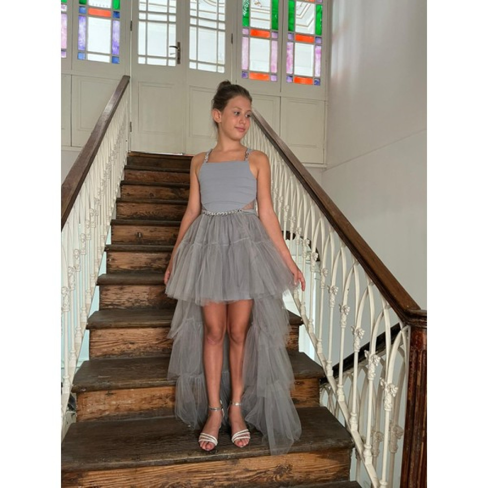 Butik Happy Kids Kız Çocuk Askılı Gri Zincir Detaylı Kat Etekli Kuyruklu Abiye Elbise 10 15 Yaş Elbise Fiyatı