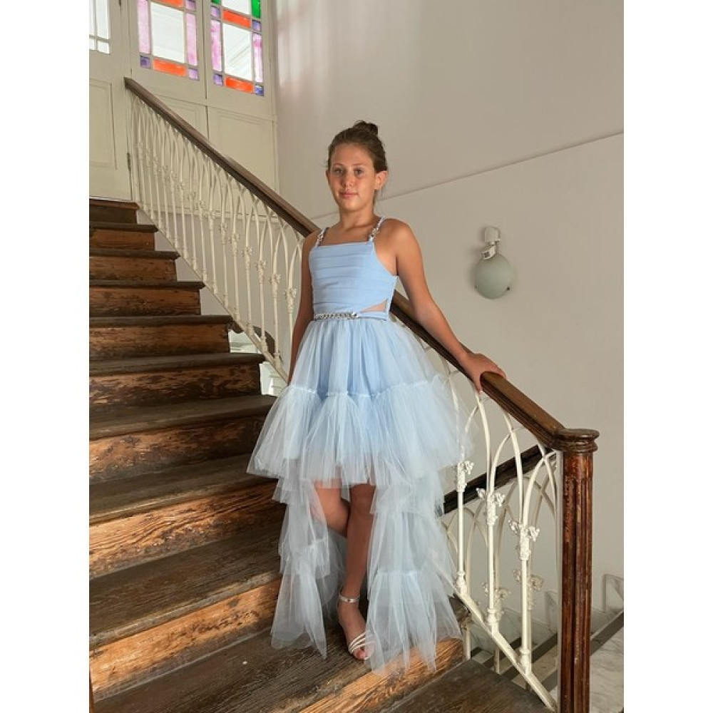 Butik Happy Kids Kız Çocuk Askılı Mavi Zincir Detaylı Kat Etekli Kuyruklu Abiye Elbise 10-15 Yaş Elbise Fiyatı