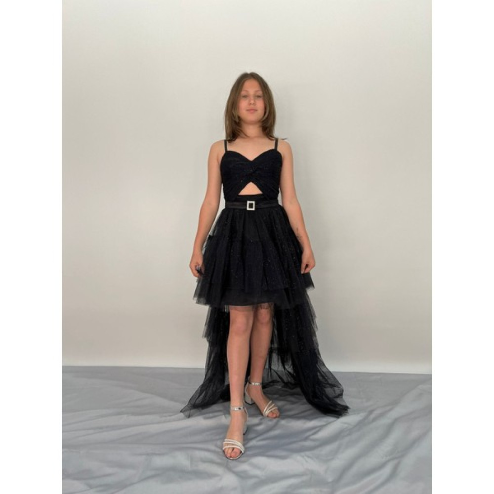 Butik Happy Kids Kız Çocuk Askılı Siyah Önü Kısa Arkası Uzun Pırıltılı Tüllü Abiye 9-14 Yaş Elbise Fiyatı