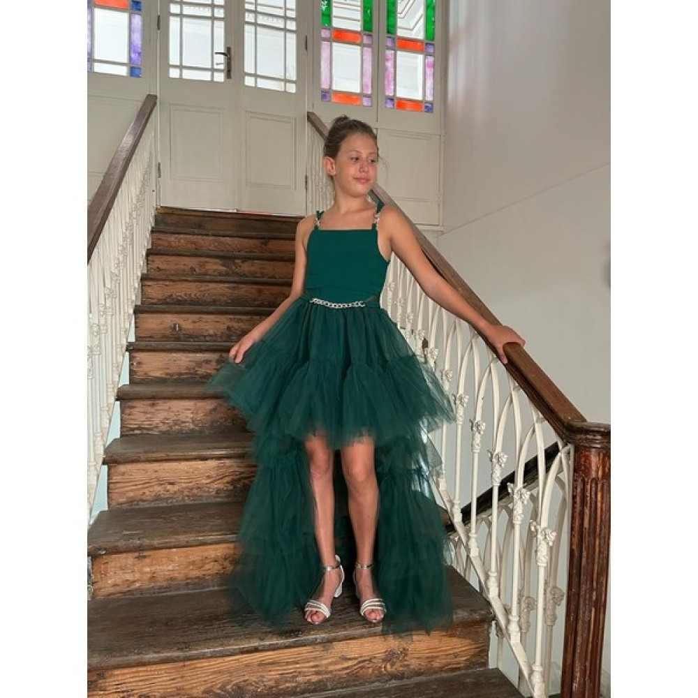 Butik Happy Kids Kız Çocuk Askılı Zümrüt Yeşili Zincir Detaylı Kat Etekli Kuyruklu Abiye Elbise 10-15 Yaş Elbise Fiyatı