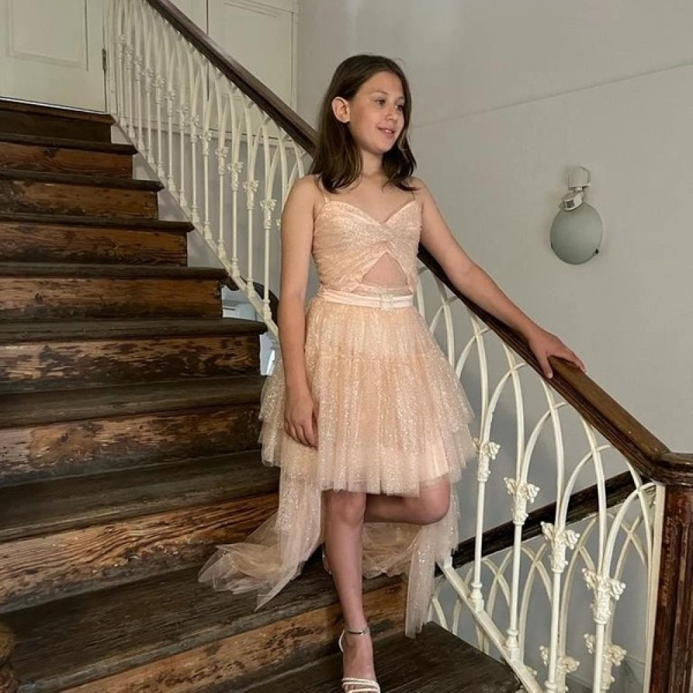 Butik Happy Kids Kız Çocuk Pudra Pırıltılı Tüllü Önü Kısa Kuyruklu Kat Kat Abiye 9-14 Yaş Elbise Fiyatı