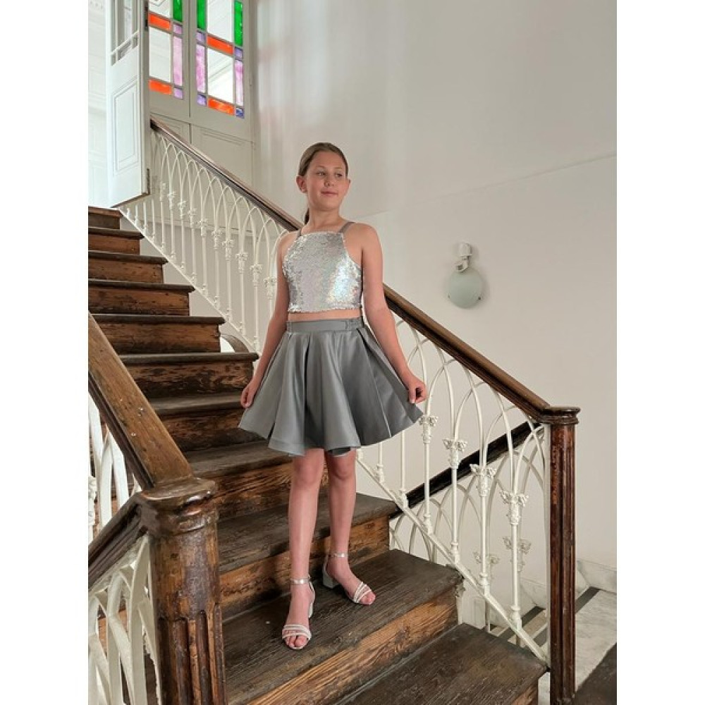 Butik Happy Kids Kız Gümüş Kabarık Pileli Etekli Crop Takım 6-16 Yaş Elbise Fiyatı