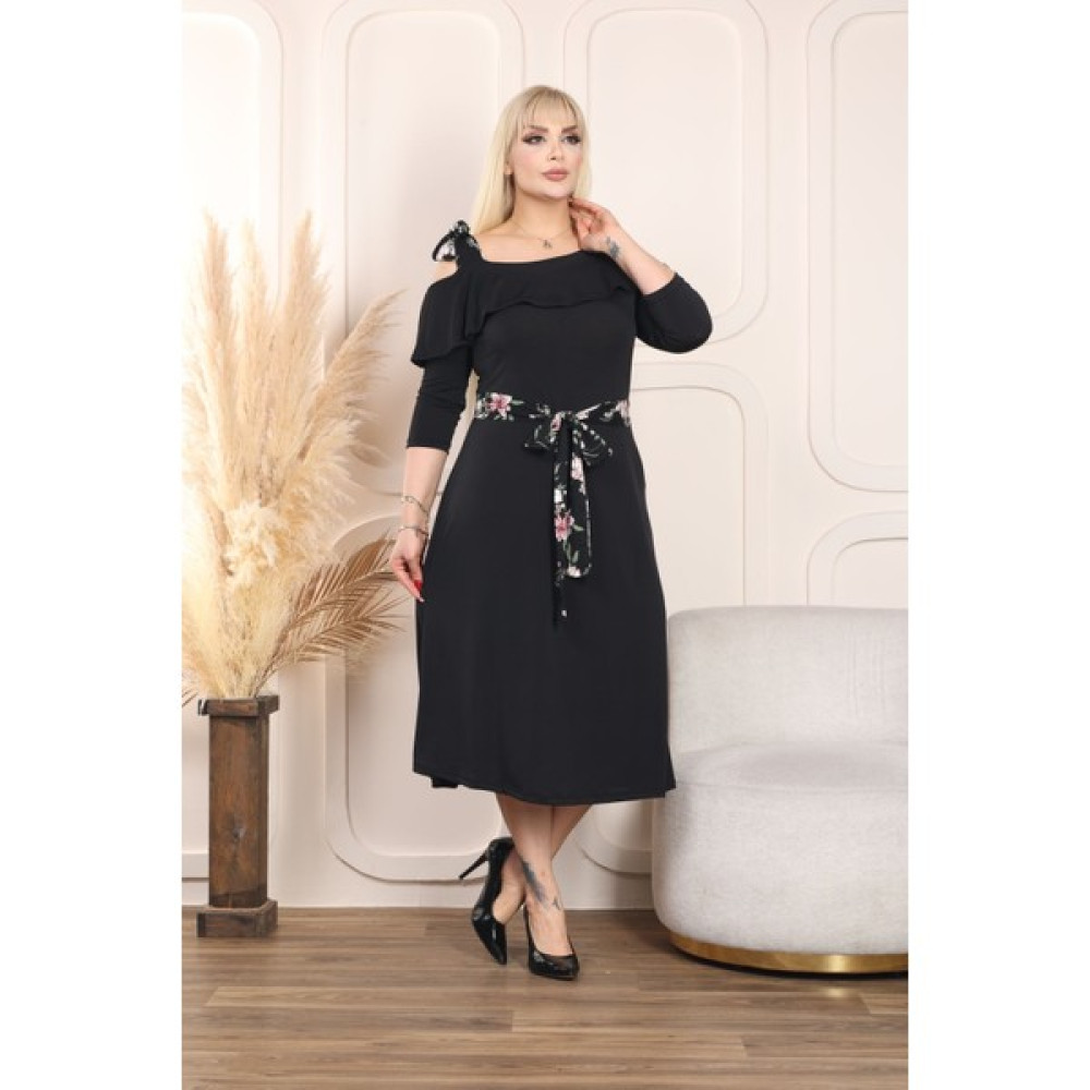 Butik Nilyam Kadın Büyük Beden Kuşaklı Detaylı Omuz Bağlamalı Likralı Elbise 23003 Siyah Elbise Fiyatı