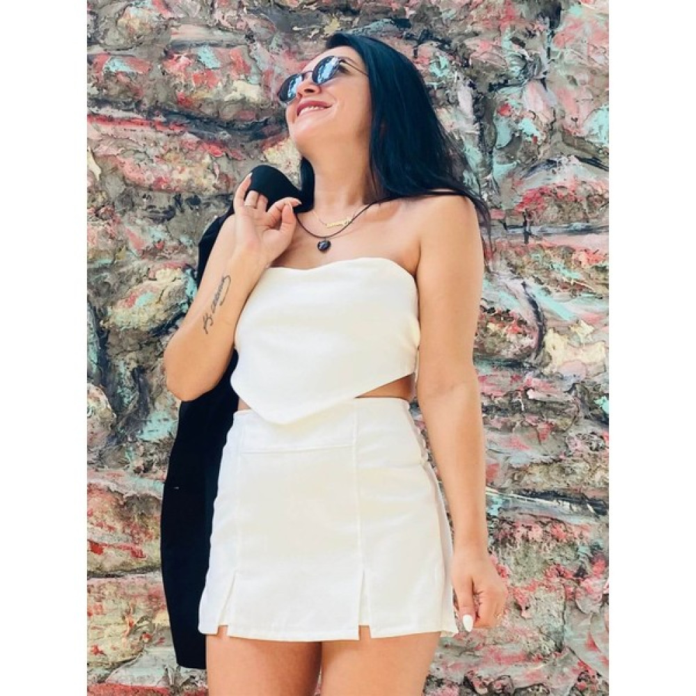 Butik Ponçik Beyaz Mendil Tasarım Straplez Crop Top Bluz Fiyatı