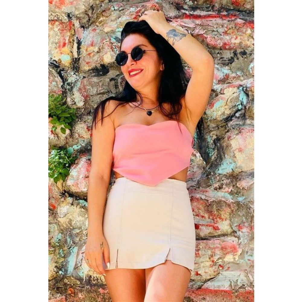 Butik Ponçik Gül Rengi Mendil Tasarım Straplez Crop Top Bluz Fiyatı