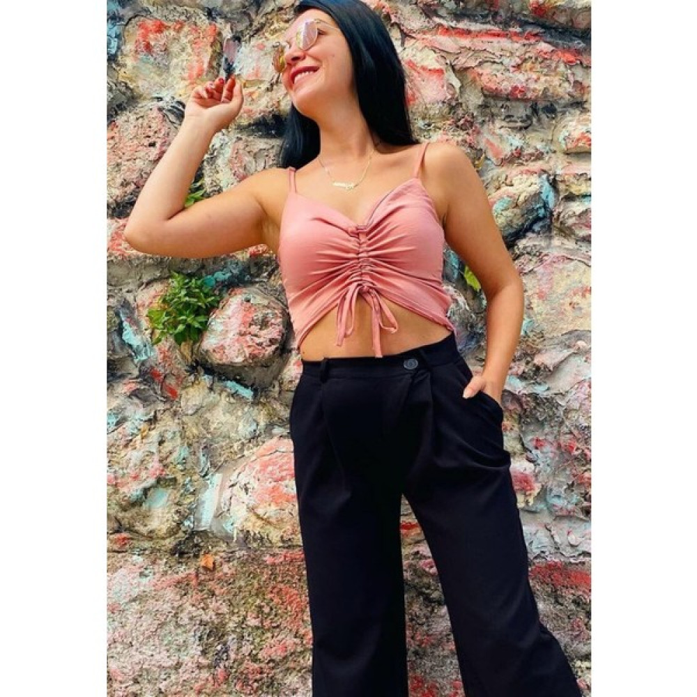Butik Ponçik Gül Rengi Önden Iple Büzgü Detaylı Krep Ayrobin Crop Bluz Bluz Fiyatı