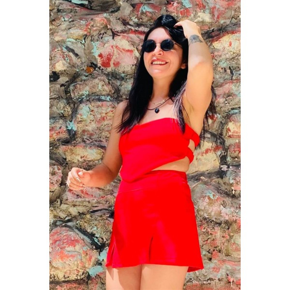 Butik Ponçik Kırmızı Mendil Tasarım Straplez Crop Top Bluz Fiyatı
