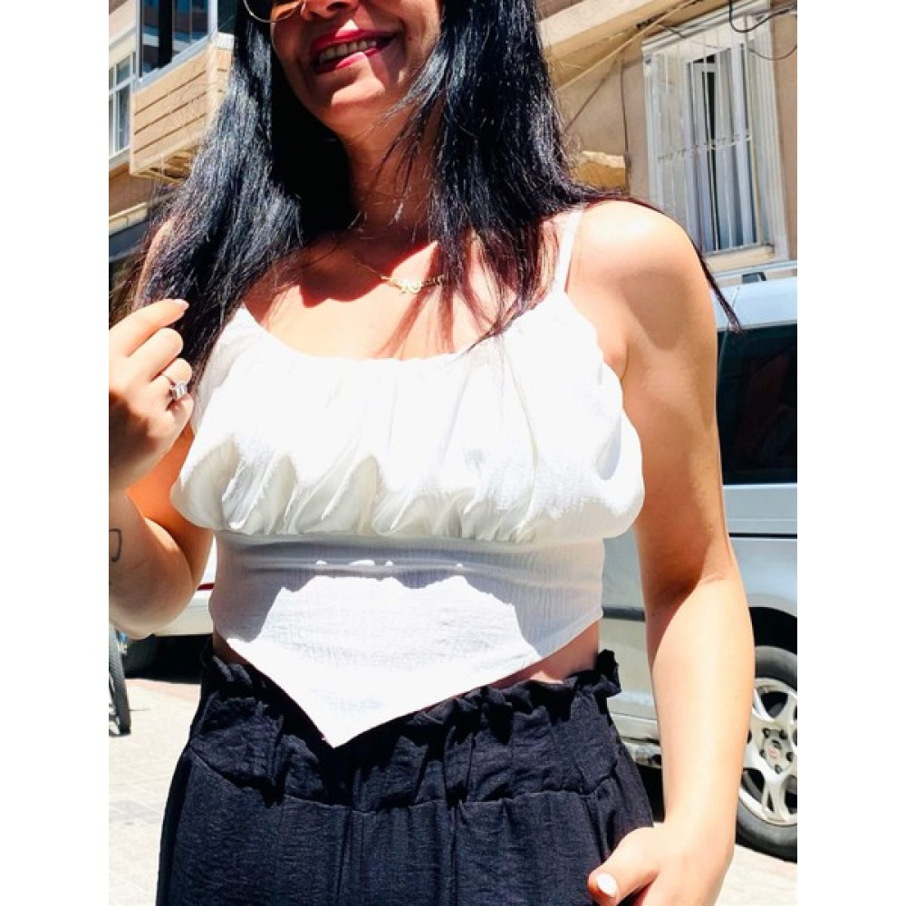 Butik Ponçik Omuz Askısı Ayarlanabilir Mendil Tasarım Beyaz Crop Bluz Bluz Fiyatı