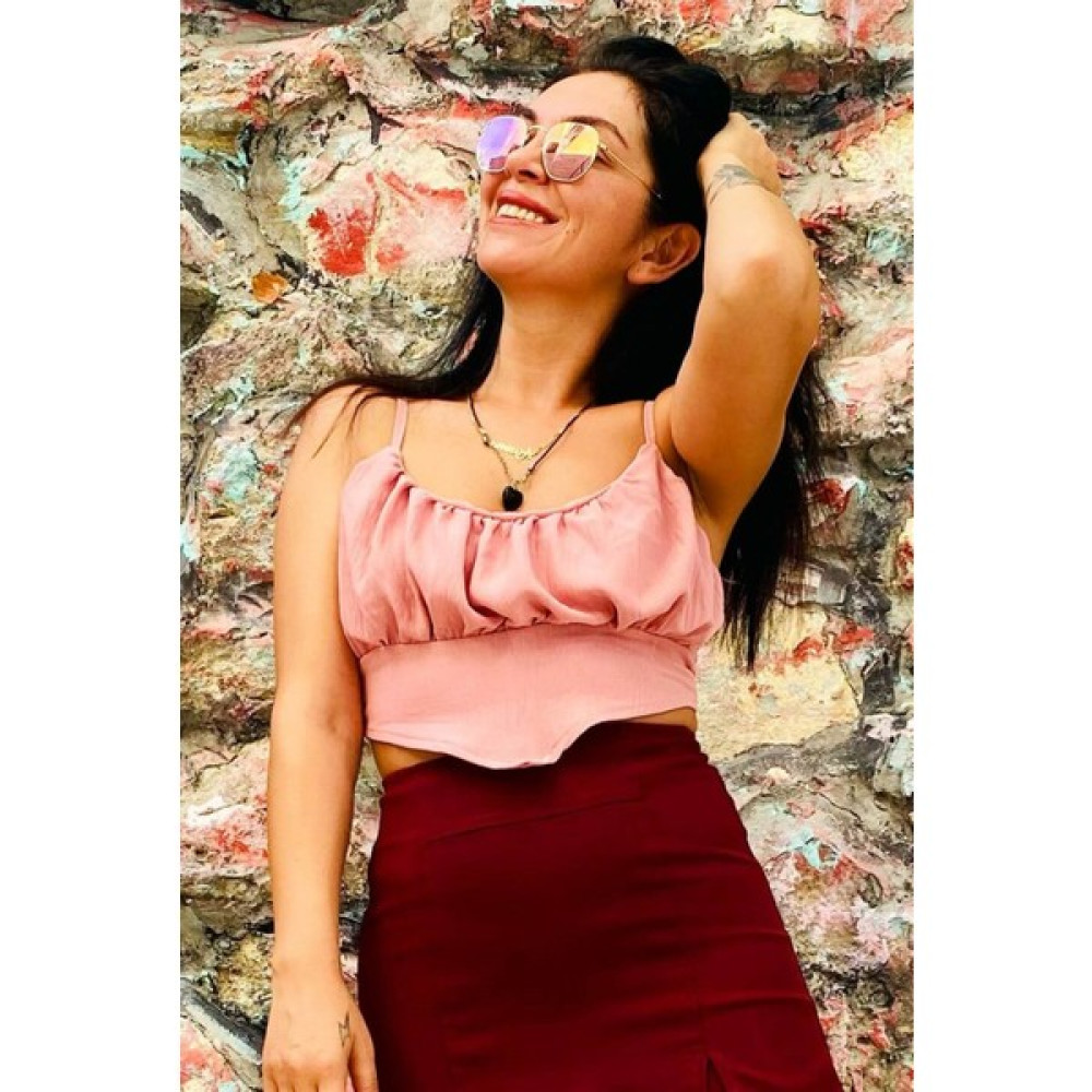 Butik Ponçik Omuz Askısı Ayarlanabilir Mendil Tasarım Gül Kurusu Crop Bluz Bluz Fiyatı