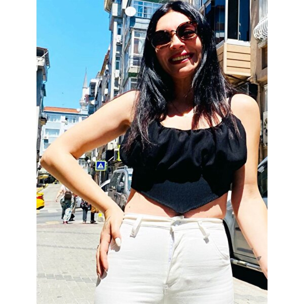 Butik Ponçik Omuz Askısı Ayarlanabilir Mendil Tasarım Siyah Crop Bluz Bluz Fiyatı