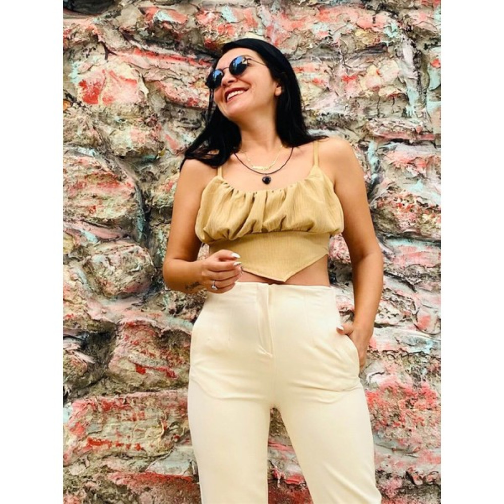 Butik Ponçik Omuz Askısı Ayarlanabilir Mendil Tasarım Vizon Crop Bluz Bluz Fiyatı