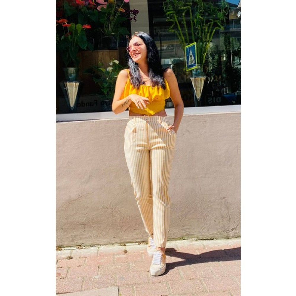 Butik Ponçik Sarı Çizgili Cepli Pantolon Kadın Pantolon Fiyatı