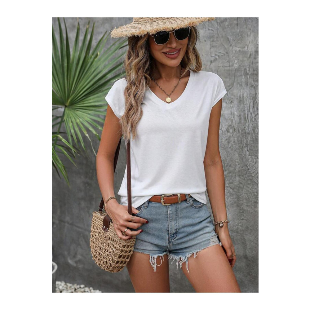 Butik V Yaka Dar Beyaz kısa kollu Likralı Pamuk Kadın Tişört M Beden Bayan T-shirt Fiyatı