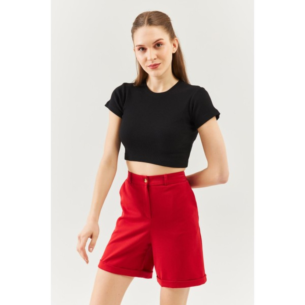 Butikgiz Siyah Kısa Kol Bisiklet Yaka Vücuda Oturan %100 Pamuklu Kaşkorse Esnek Crop Bluz Bluz Fiyatı