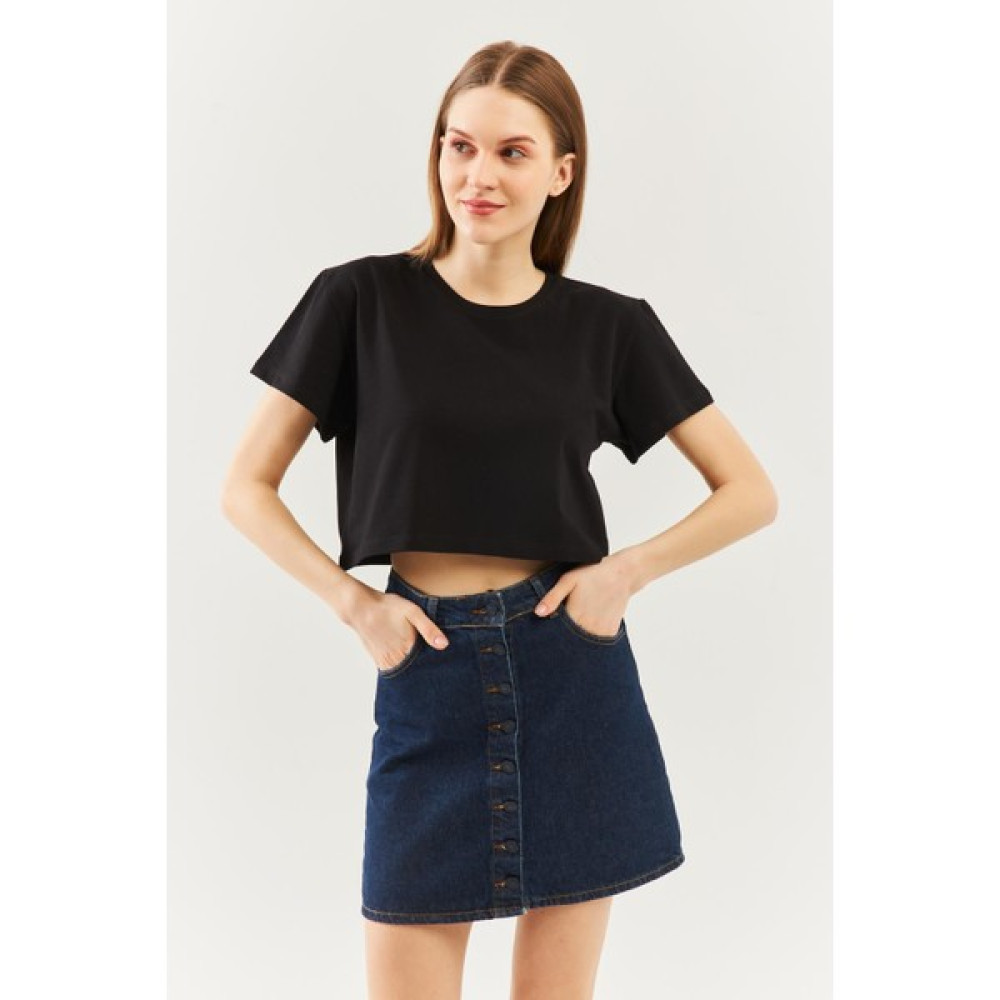 Butikgiz Siyah Oversize Rahat %100 Pamuklu Penye Bisiklet Yaka Kısa Kol Basic Crop T-Shirt Bayan T-shirt Fiyatı