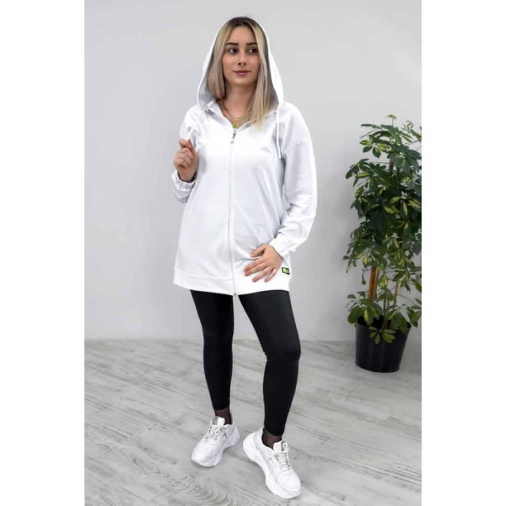 Butilya Ince Mevsimlik Tesettür Boy Beyaz Kapüşonlu Fermuarlı Sweatshirt Hırka Kadın Hırka Fiyatı