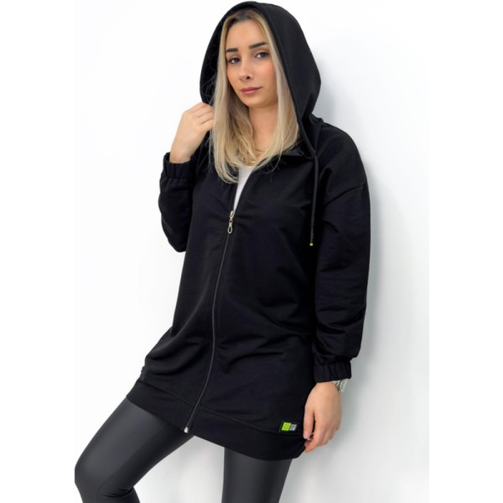 Butilya Ince Mevsimlik Tesettür Boy Siyah Kapüşonlu Fermuarlı Sweatshirt Hırka Kadın Hırka Fiyatı