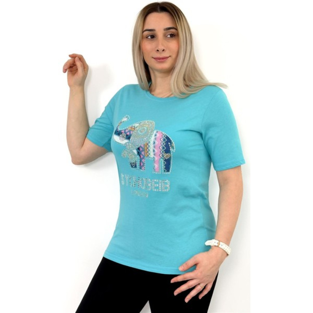Butilya Kısa Kollu Fil Baskılı Taşlı Bisiklet Yaka Mavi Tshirt Bayan T-shirt Fiyatı