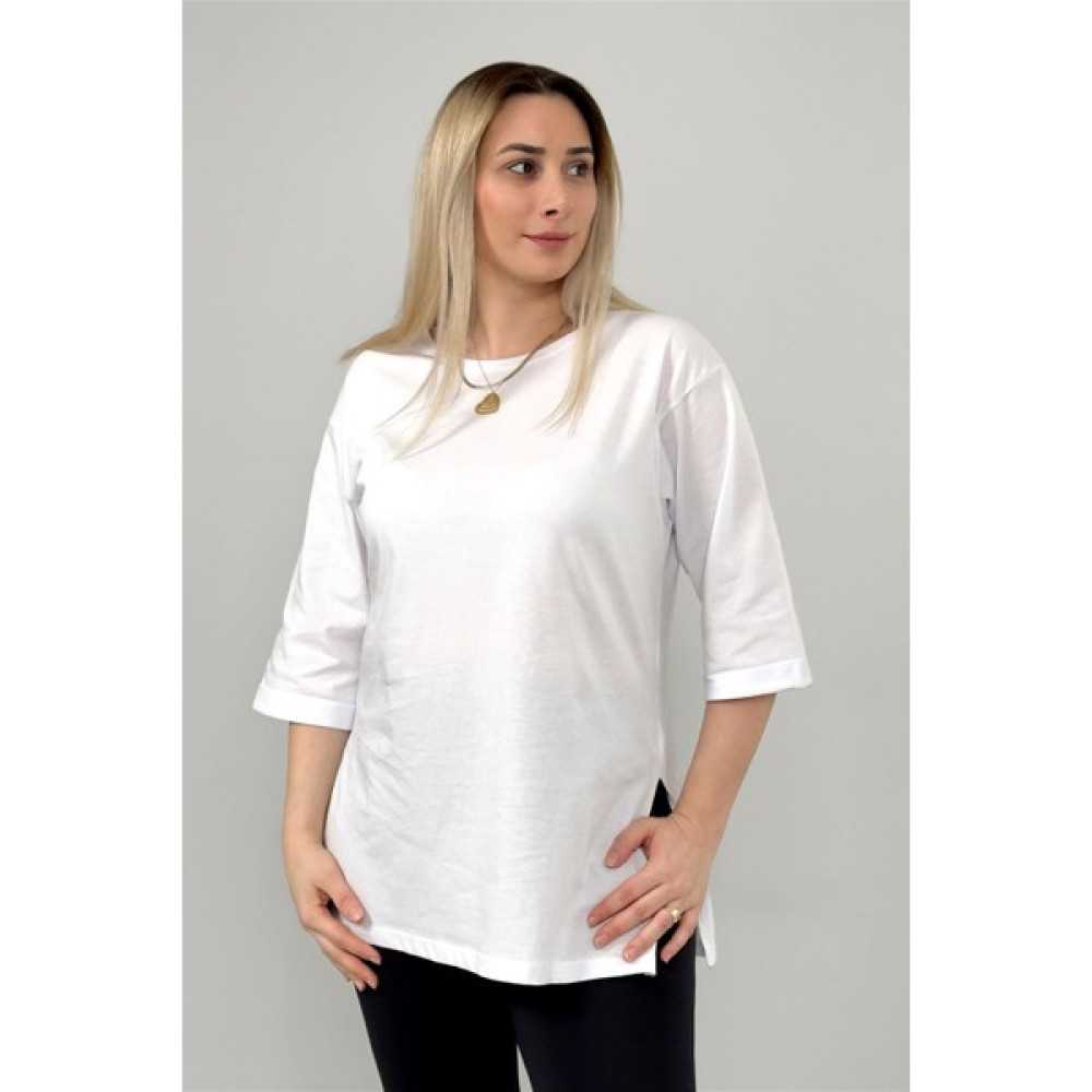 Butilya Uzun Yanı Yırtmaçlı Oversize Düz Basic Bisiklet Yaka Beyaz Tshirt Bayan T-shirt Fiyatı