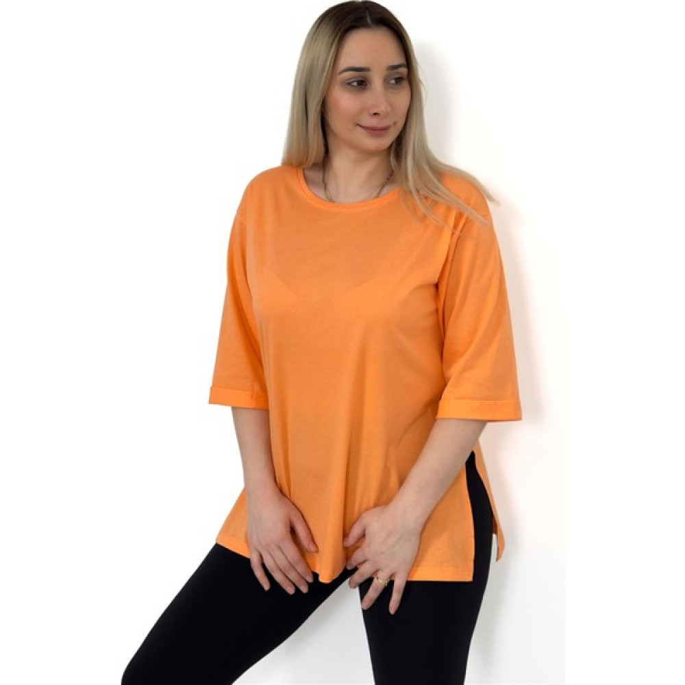 Butilya Uzun Yanı Yırtmaçlı Oversize Düz Basic Bisiklet Yaka Oranj Tshirt Bayan T-shirt Fiyatı