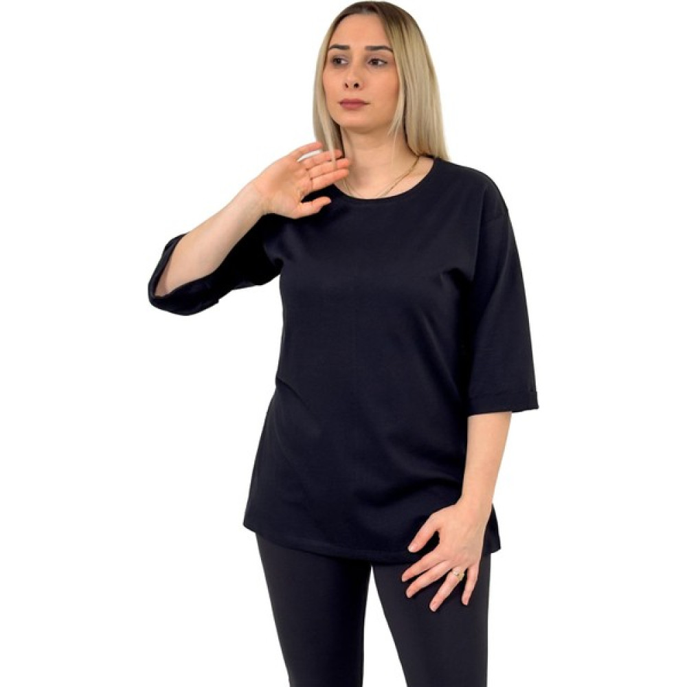 Butilya Uzun Yanı Yırtmaçlı Oversize Düz Basic Bisiklet Yaka Siyah Tshirt Bayan T-shirt Fiyatı