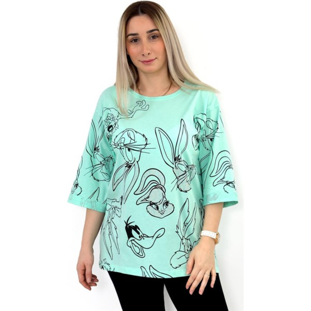 Butilya Yanı Yırtmaçlı Uzun Tavşan Figürlü Taş Detaylı Bisiklet Yaka Mint Tshirt Bayan T-shirt Fiyatı
