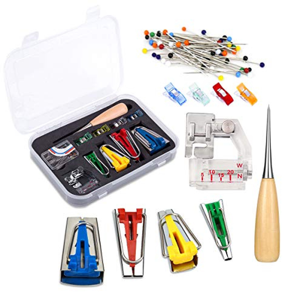 BUTUZE Fabric Bias Tape Makers Kit with Sewing Awl, Positioning Pin, Adjustable Binder Clip,Wooden Awl,Foot Press -Practical Bias Tape Maker Set for Sewing/Quilting