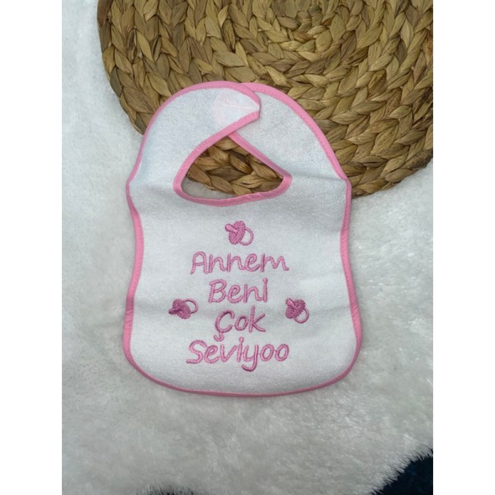 Buude Kids Abim Annem Beni Çok Seviyoo Nakışlı Mama Önlüğü - Pembe - Standart Mama Önlüğü Fiyatı