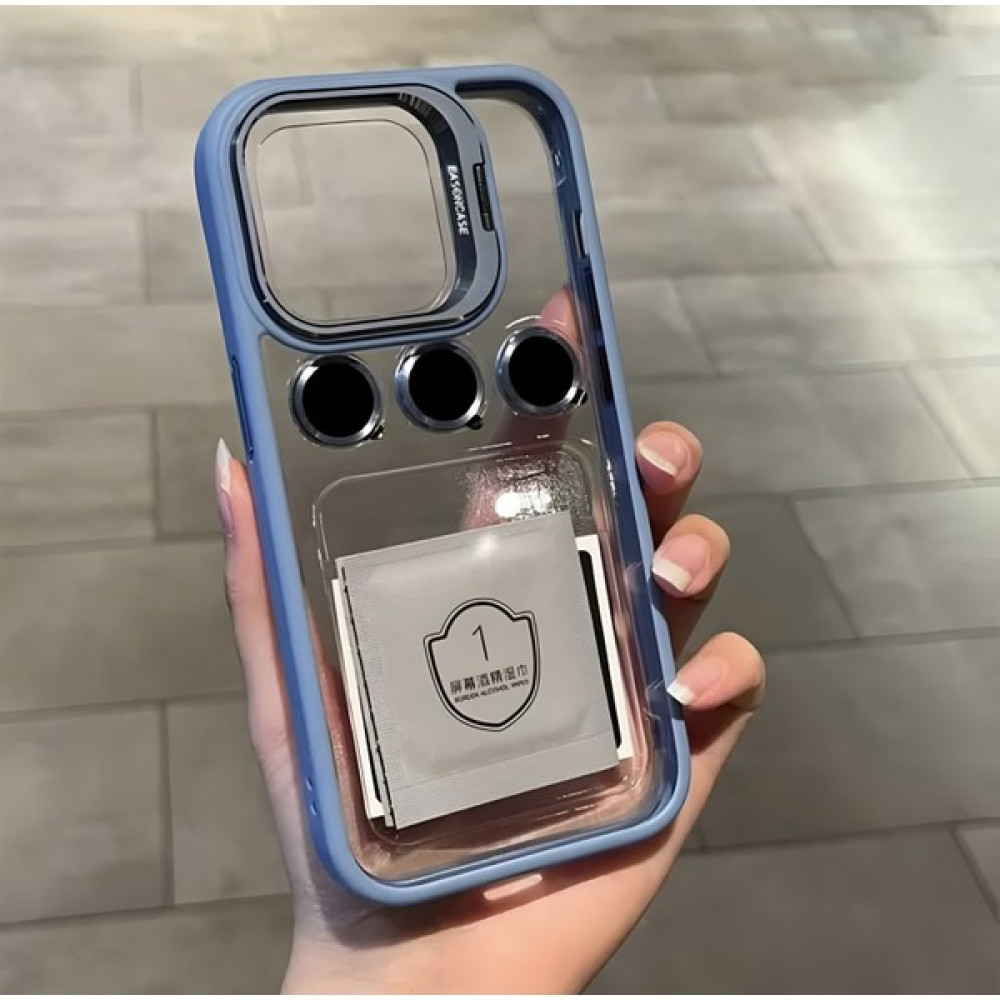 Buway Apple iPhone 14 Pro Uyumlu Kamera Çerçeve Koruma Kapaklı Stantlı Kılıf + Lens Koruma - Mavi Cep Telefonu Kılıfı Fiyatı