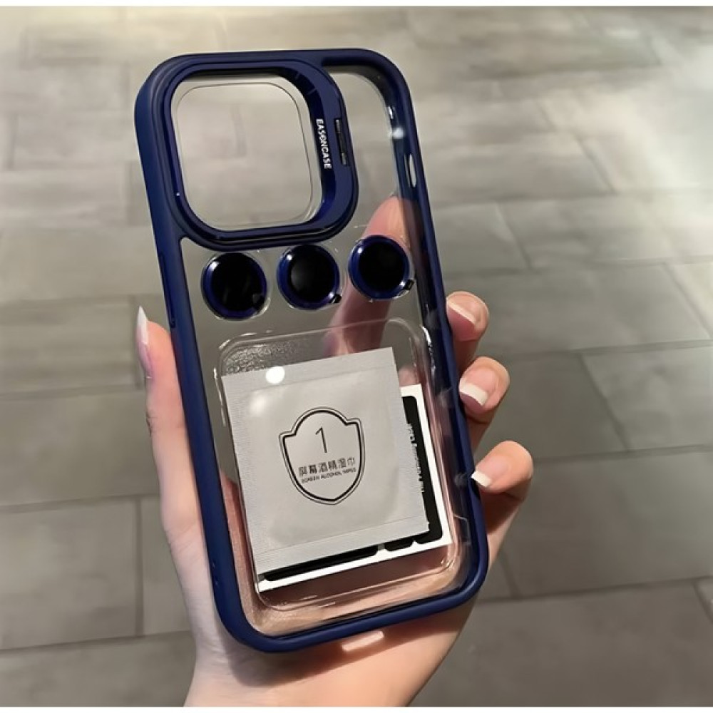 Buway Apple iPhone 15 Pro Max Uyumlu Kamera Çerçeve Koruma Kapaklı Stantlı Kılıf + Lens Koruma - Lacivert Cep Telefonu Kılıfı Fiyatı