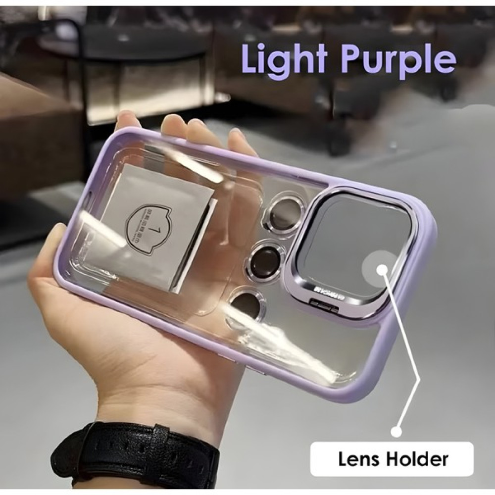 Buway Apple iPhone 15 Pro Max Uyumlu Kamera Çerçeve Koruma Kapaklı Stantlı Kılıf + Lens Koruma - Lila Cep Telefonu Kılıfı Fiyatı