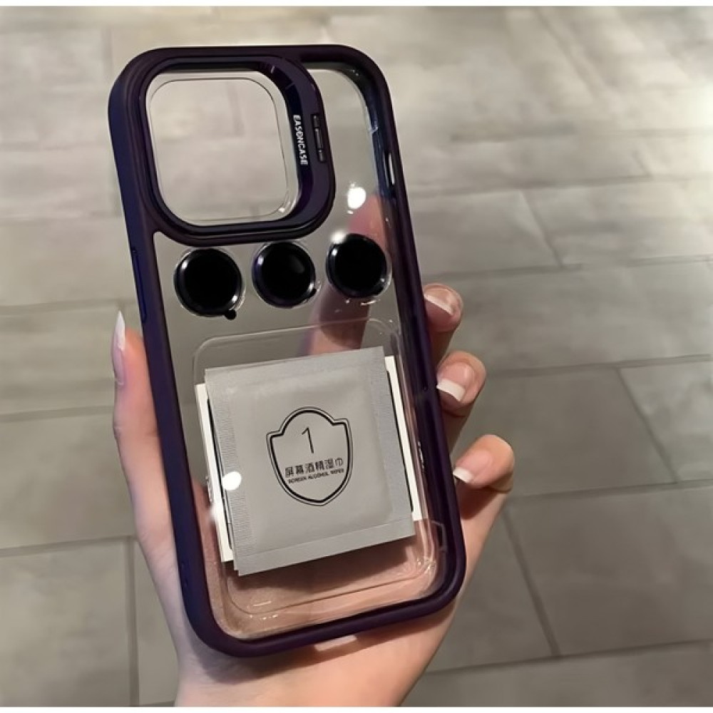 Buway Apple iPhone 15 Pro Max Uyumlu Kamera Çerçeve Koruma Kapaklı Stantlı Kılıf + Lens Koruma - Mor Cep Telefonu Kılıfı Fiyatı