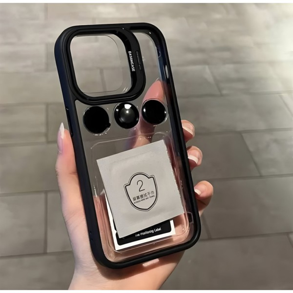 Buway Apple iPhone 15 Pro Max Uyumlu Kamera Çerçeve Koruma Kapaklı Stantlı Kılıf + Lens Koruma - Siyah Cep Telefonu Kılıfı Fiyatı