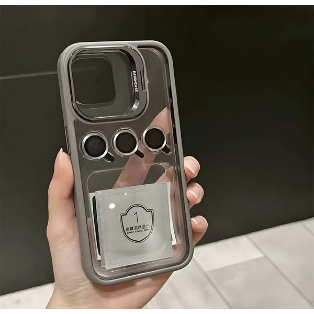 Buway Apple iPhone 15 Pro Uyumlu Kamera Çerçeve Koruma Kapaklı Stantlı Kılıf + Lens Koruma - Gri Cep Telefonu Kılıfı Fiyatı