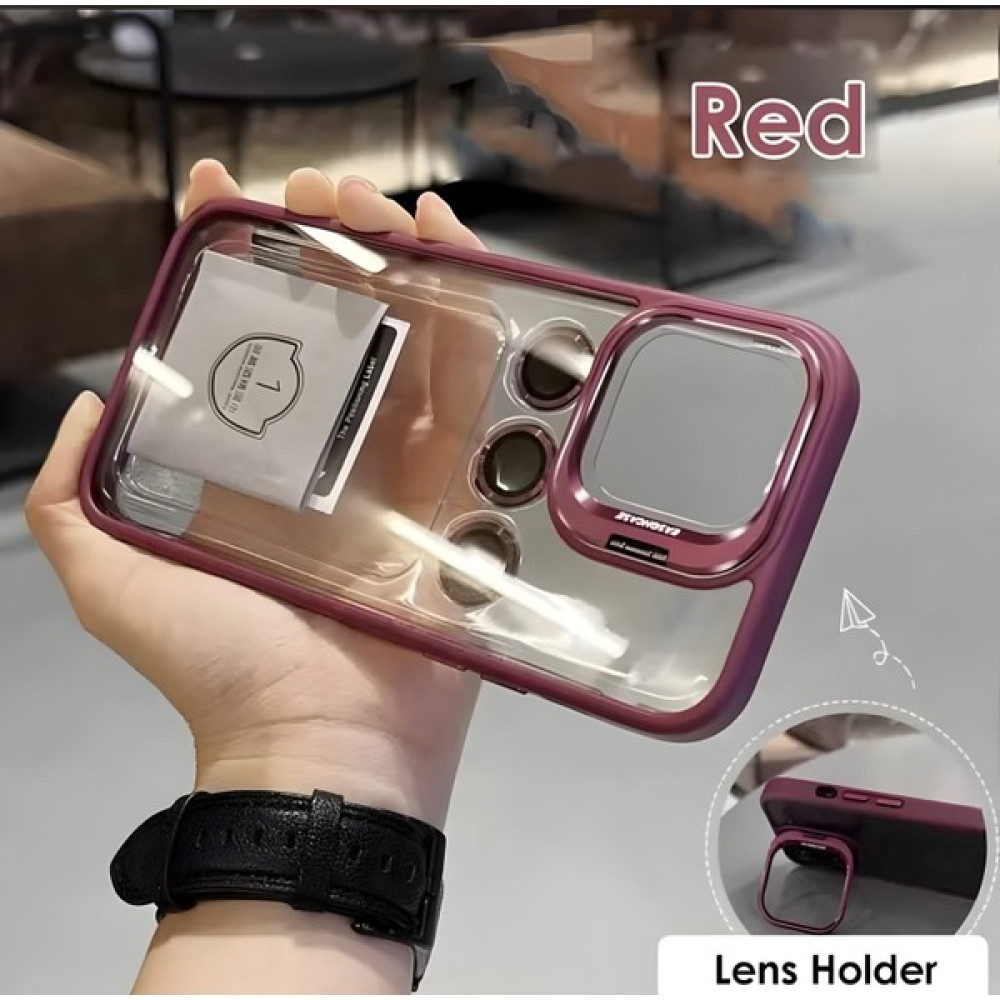 Buway Apple iPhone 15 Pro Uyumlu Kamera Çerçeve Koruma Kapaklı Stantlı Kılıf + Lens Koruma - Kırmızı Cep Telefonu Kılıfı Fiyatı