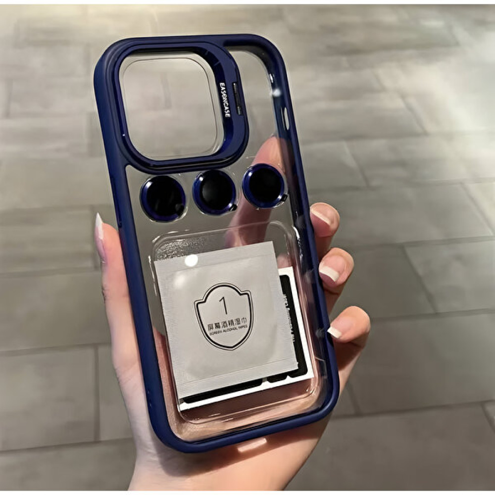 Buway Apple iPhone 15 Pro Uyumlu Kamera Çerçeve Koruma Kapaklı Stantlı Kılıf + Lens Koruma - Lacivert Cep Telefonu Kılıfı Fiyatı